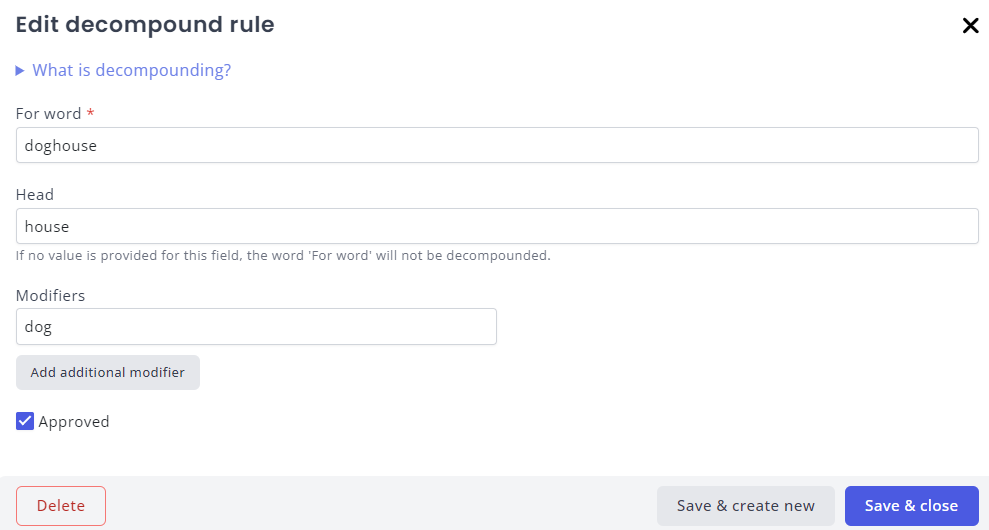 My Relewise Decompounding with a single modifier