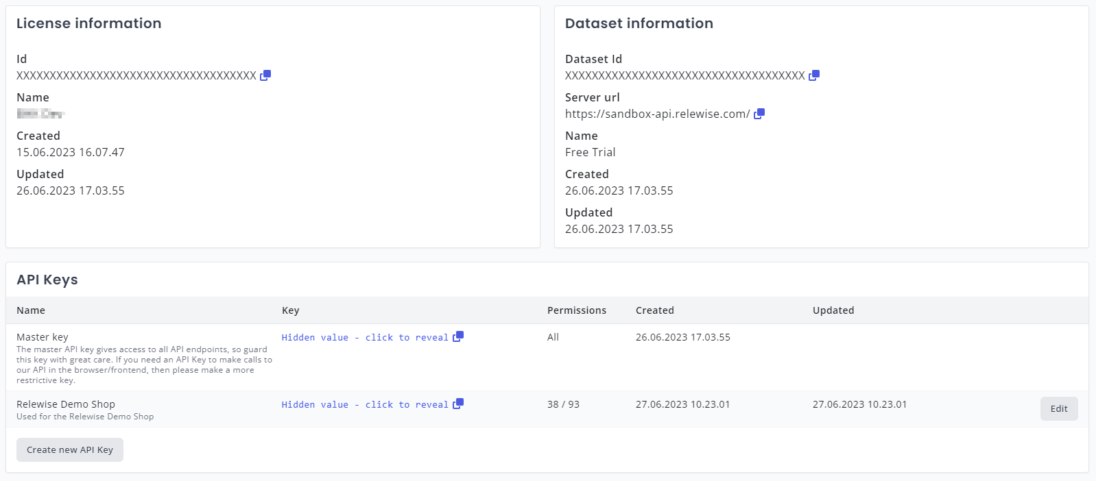 My Relewise API Keys Overview