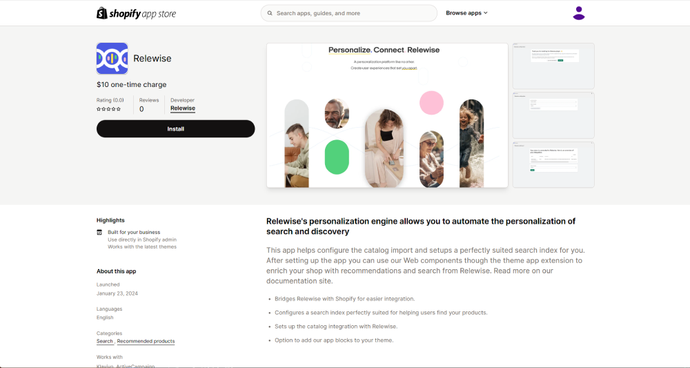 Click the Install button to get started with the Relewise app