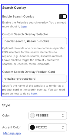 Configure the Search overlay in the embed settings