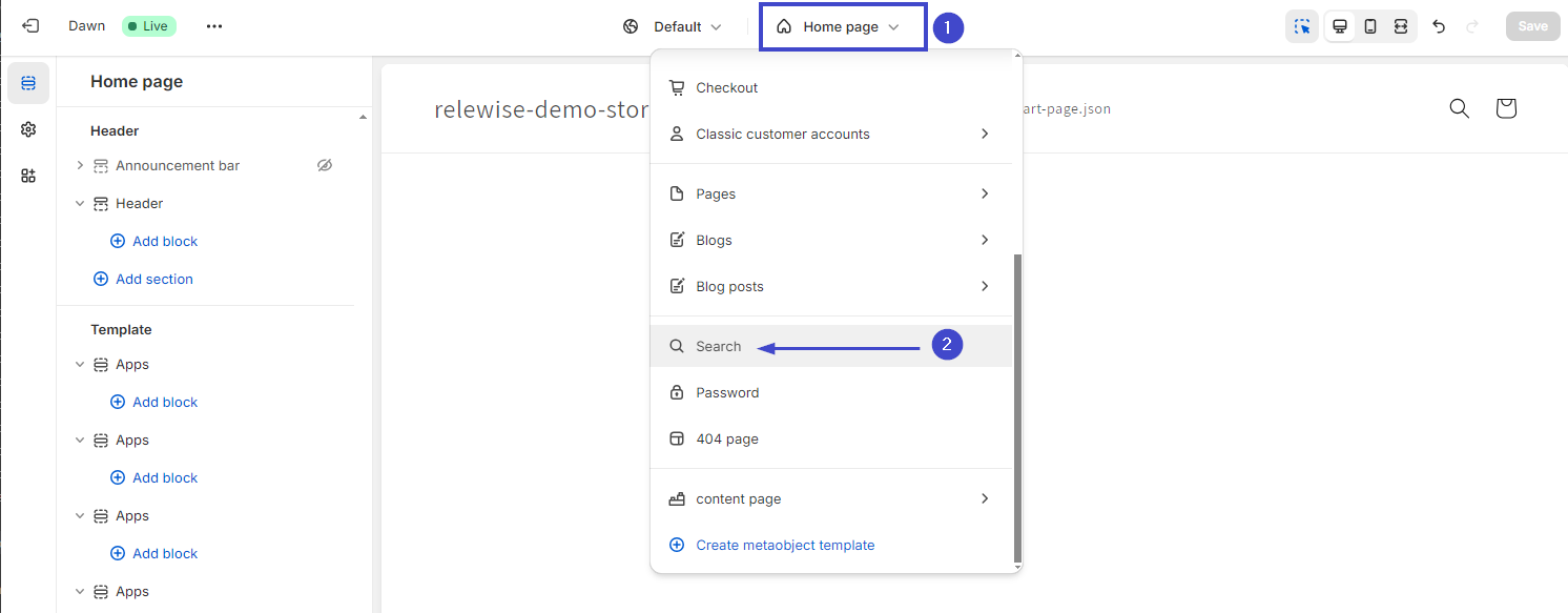Navigate to your Theme customization to set up the search result component