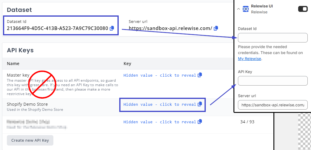 Find your Dataset ID and API Key in your My Relewise interface, and copy them to the Shopify App